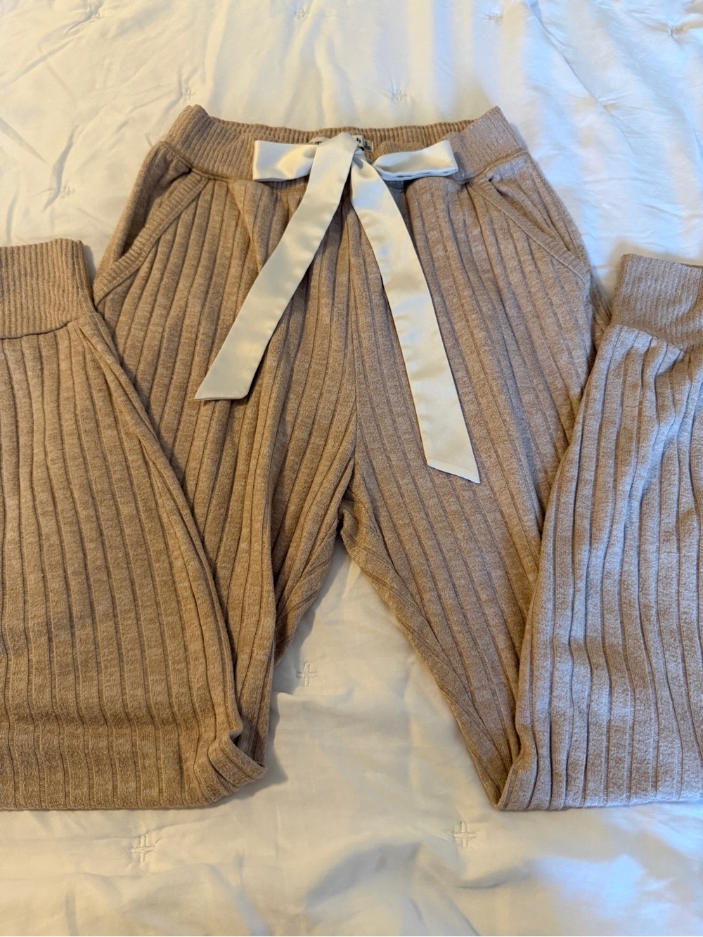 Abercrombie Cozy Ribbed Knit Jogger Pants in Beige with Satin Tie